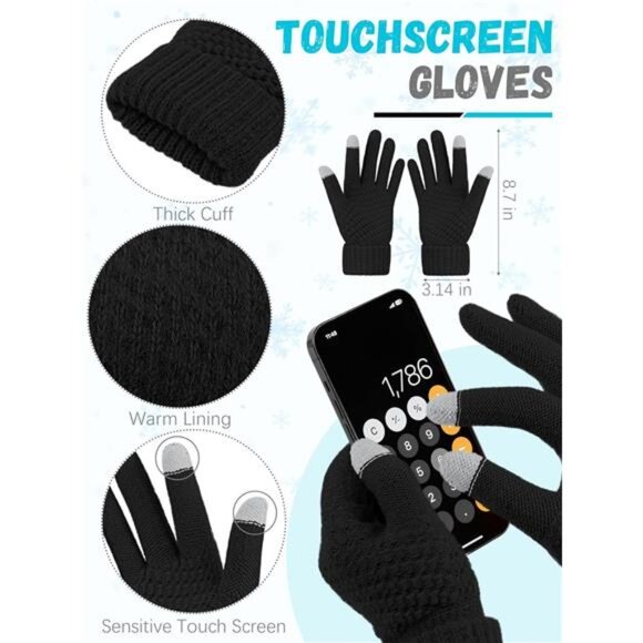 Winter Hat Scarf Gloves and Ear Warmer, Warm Knit Beanie Hat Touch Screen - Picture 3 of 7